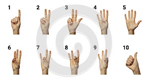 Finger spelling numbers from 1 to 10 in Sign Language on white background. ASL concept