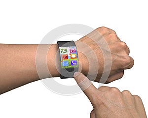 Finger touch apps on ultra-lightweight curved-screen smart watch photo