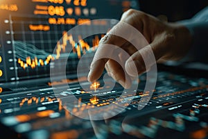 finger touch screen stock monitor pointing to analyze financial investment graphs, generative ai.