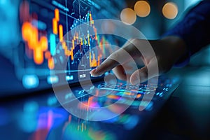 finger touch screen stock monitor pointing to analyze financial investment graphs, generative ai.