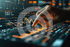 finger touch screen stock monitor pointing to analyze financial investment graphs, generative ai.