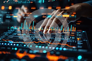 finger touch screen stock monitor pointing to analyze financial investment graphs, generative ai.