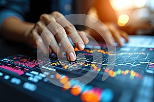 finger touch screen stock monitor pointing to analyze financial investment graphs, generative ai.