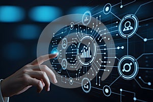 Finger touches digital interface with data analytics graphs and network connections in a blue technology theme