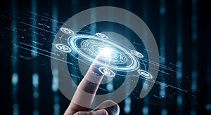 Finger touches futuristic digital interface with glowing network