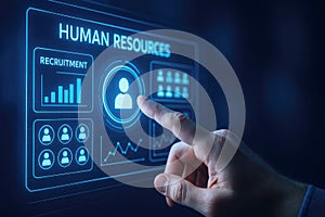 Finger touching a digital screen displaying Human Resources interface with data image photo