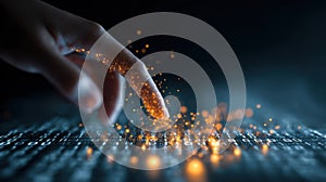 finger touches glowing digital code