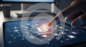 Finger Touching Bitcoin Symbol on Digital Network Interface