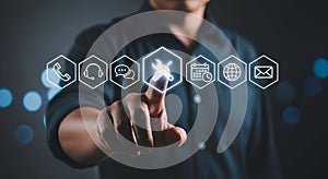 Finger touching a digital interface with customer support and service icons