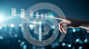 Finger touching digital interface with document icons and checkmark technology hand
