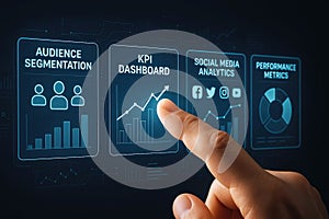 Finger touching a digital screen displaying KPI dashboard and social media analytics interface