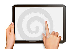 Finger touching digital tablet screen