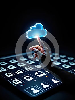 A finger touching a glowing blue cloud icon on a digital interface, representing cloud technology and data access