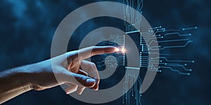 Finger touching a glowing central processing unit on a digital circuit board hand