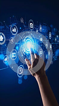 Finger touching glowing digital interface with data analytics and network icons in dark blue