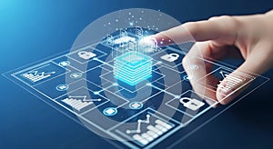 Finger touching glowing digital interface with data charts and locks technology