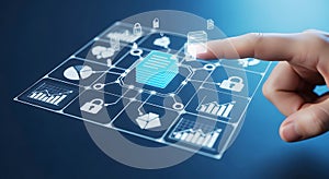 Finger touching glowing digital interface with data charts and security locks technology