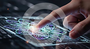 Finger touching glowing futuristic technology interface network data visualization
