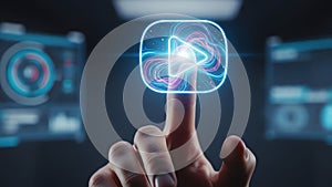 Finger Touching Glowing Play Button, Futuristic Interface Concept