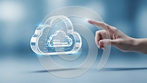 Finger touching a glowing virtual cloud icon for data storage and computing services