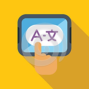 Finger touching language translation button on tablet photo