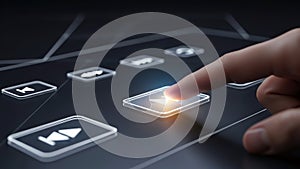 Finger Touching Play Button on Digital Interface with Media Controls