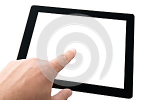 Finger touching tablet pc with blank screen