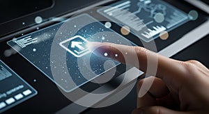 Finger touching upload icon on digital screen