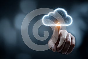 Finger Touching Virtual Cloud Icon in Digital Interface