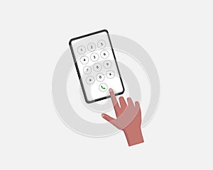 A finger touchs the samartphone screen. Phone keypad and hand. Cellphone panel with numbers. Vector Illustration.