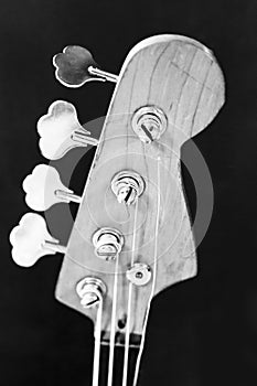 Fingerboard of the guitar black and white photo