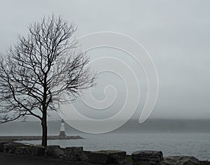 FingerLakes lighthouse visible in quiet dawn fog