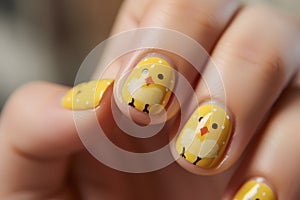 Fingernails with seasonal Easter nail art design with cute yellow Easter chicks and dots