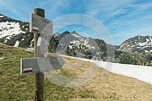 Fingerpost in the French Pyrenees on the GR10 hiking route at the Col de Terre Negre photo
