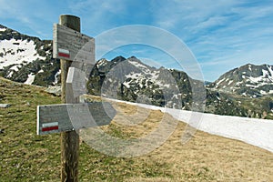 Fingerpost in the French Pyrenees on the GR10 hiking route at the Col de Terre Negre