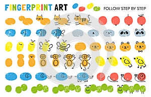 Fingerprint art steps. Worksheet for kid learning to draw animals. Paint with finger print kindergarten activity. Game