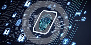 Fingerprint authentication to access secured computer network & digital system. Cyber security with biometrics technology.