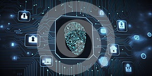 Fingerprint authentication to access secured computer network & digital system. Cyber security with biometrics technology.