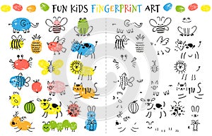 Fingerprint game for kids. Fun educational activity for children study to paint with fingers. Doodle animals and insects drawing