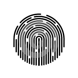 Fingerprint icon for identity password. Graphic thumbprint for touch screen on mobile. Black scan stamp on isolated background.