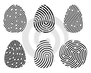 Fingerprint icon set. Unique finger stamp silhouette shapes isolated on white background.  Black criminal identity symbol