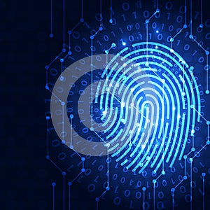 Fingerprint integrated in a printed circuit, releasing binary codes. fingerprint Scanning Identification System Security Concept.