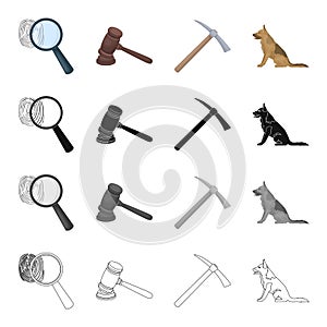 A fingerprint, a judge s hammer, a pickaxe, a service dog. Prison set collection icons in cartoon black monochrome