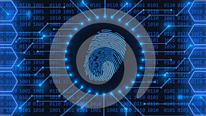 Fingerprint logo - abstract background of blue 4-digit binary code behind information connecting lines between honeycomb elements