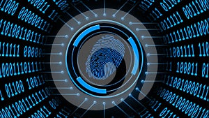 Fingerprint logo with information connecting lines on binary code background - scanning identification by biometric authorization