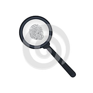 Fingerprint and magnifying glass. Search for evidence. Criminology, vector illustration