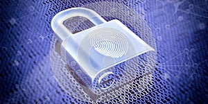 Fingerprint on a padlock, binary code background. Digital identification id concept. 3D illustration