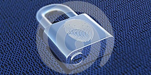Fingerprint on a padlock, binary code background. Digital identification id concept. 3D illustration