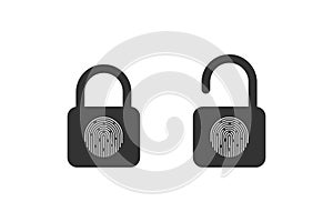 Fingerprint padlock. Fingerprint lock or unlock concept. Locked and unlocked modes. Vector illustration