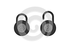 Fingerprint padlock. Fingerprint lock or unlock. Locked and unlocked modes. Vector illustration